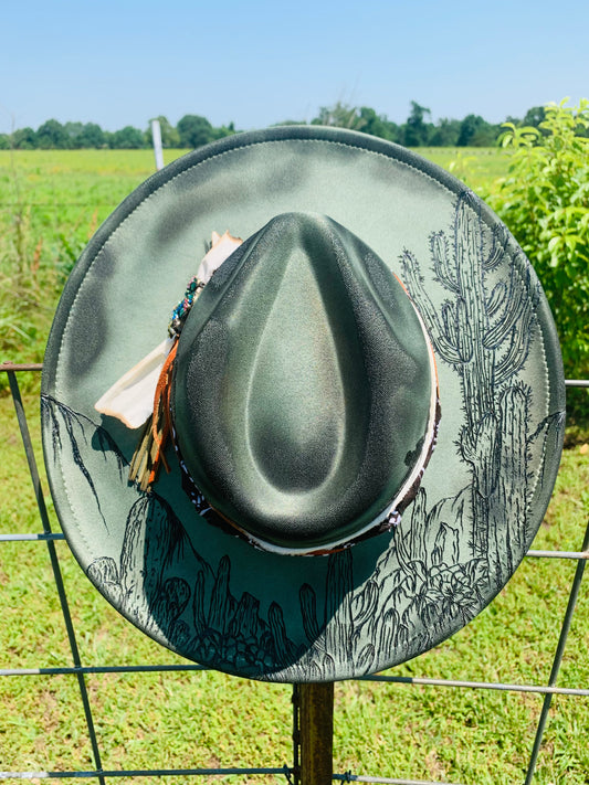 Hand Burned Rancher Hat with a Desert Design