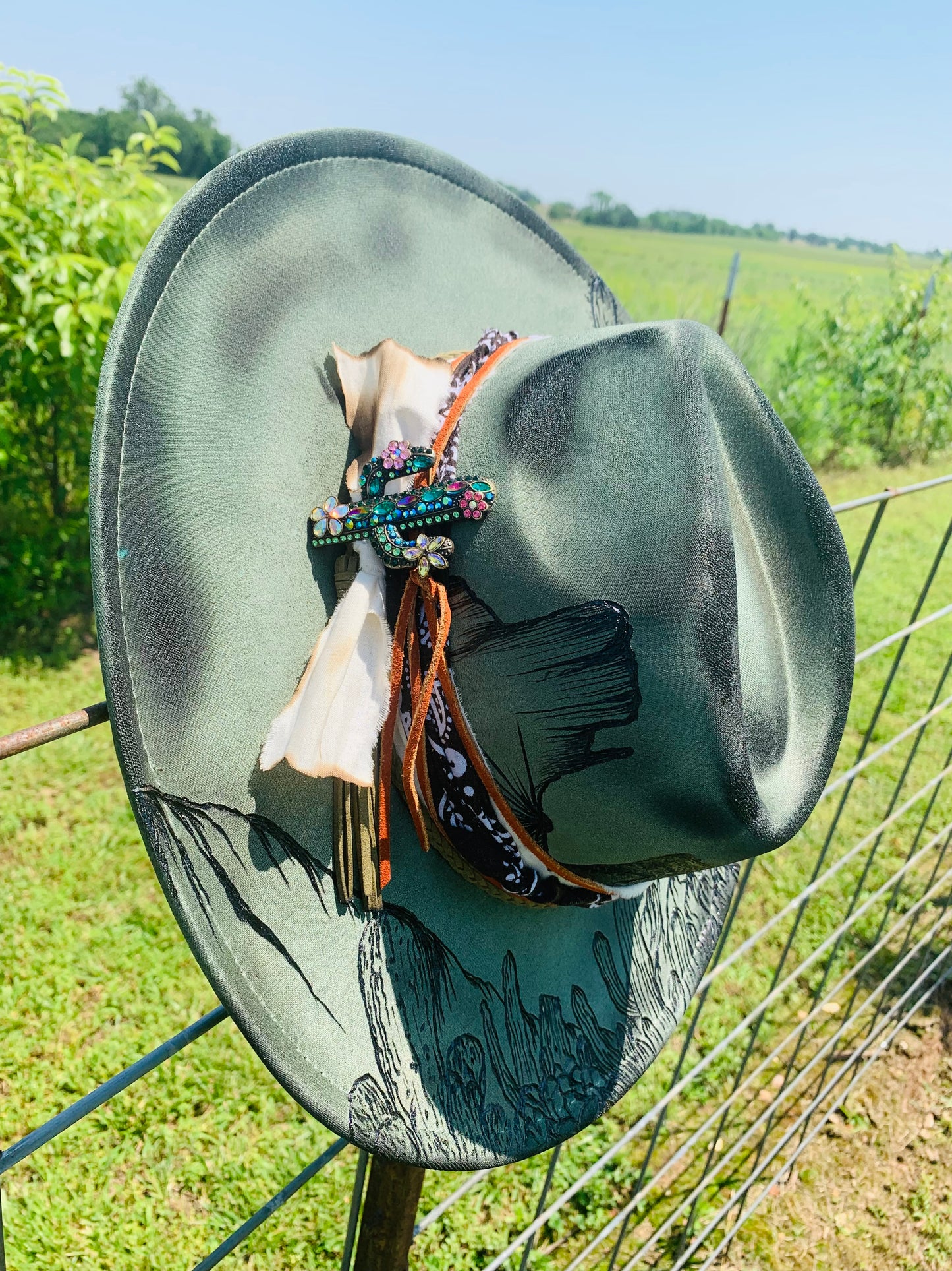 Hand Burned Rancher Hat with a Desert Design