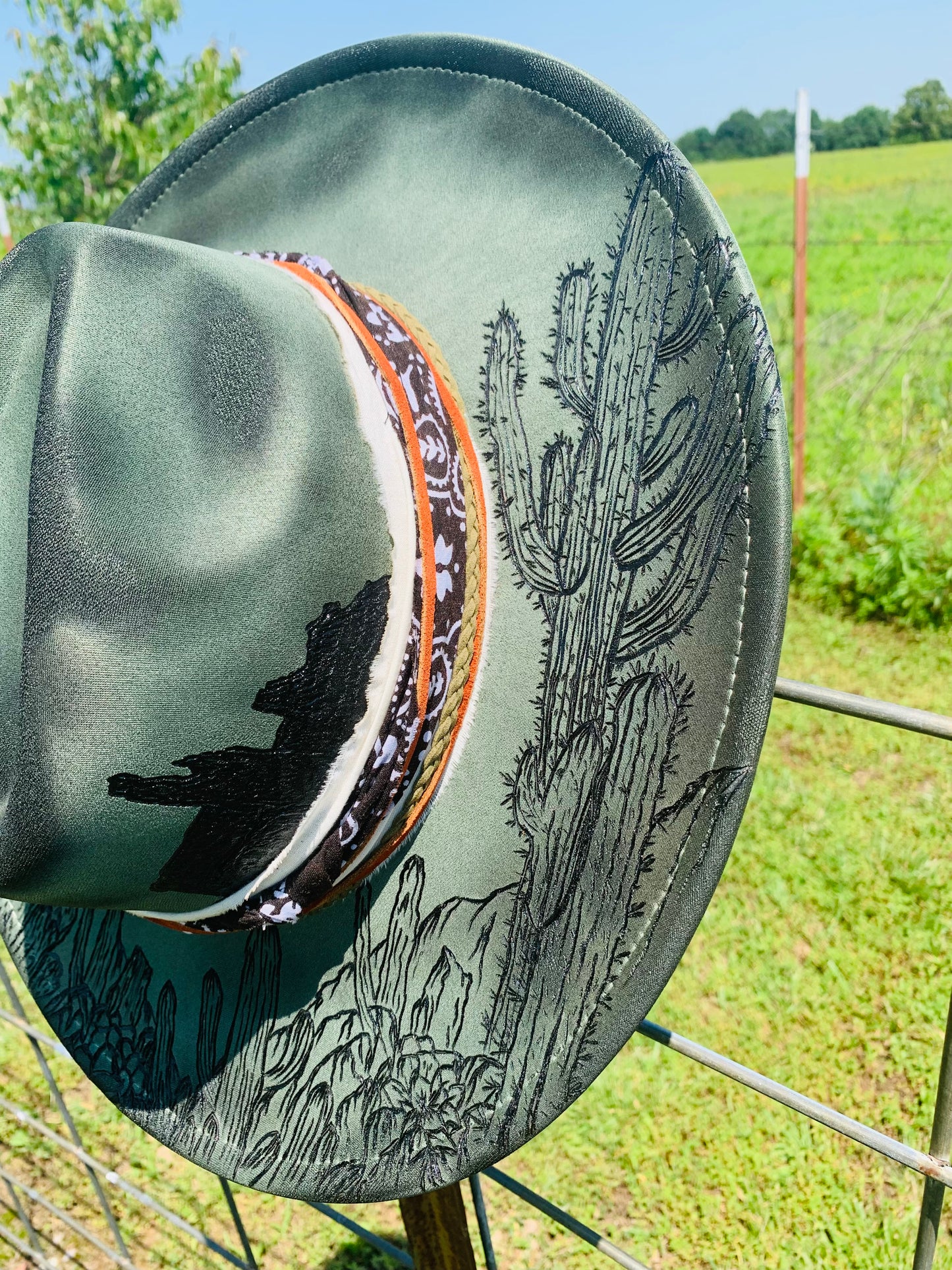Hand Burned Rancher Hat with a Desert Design