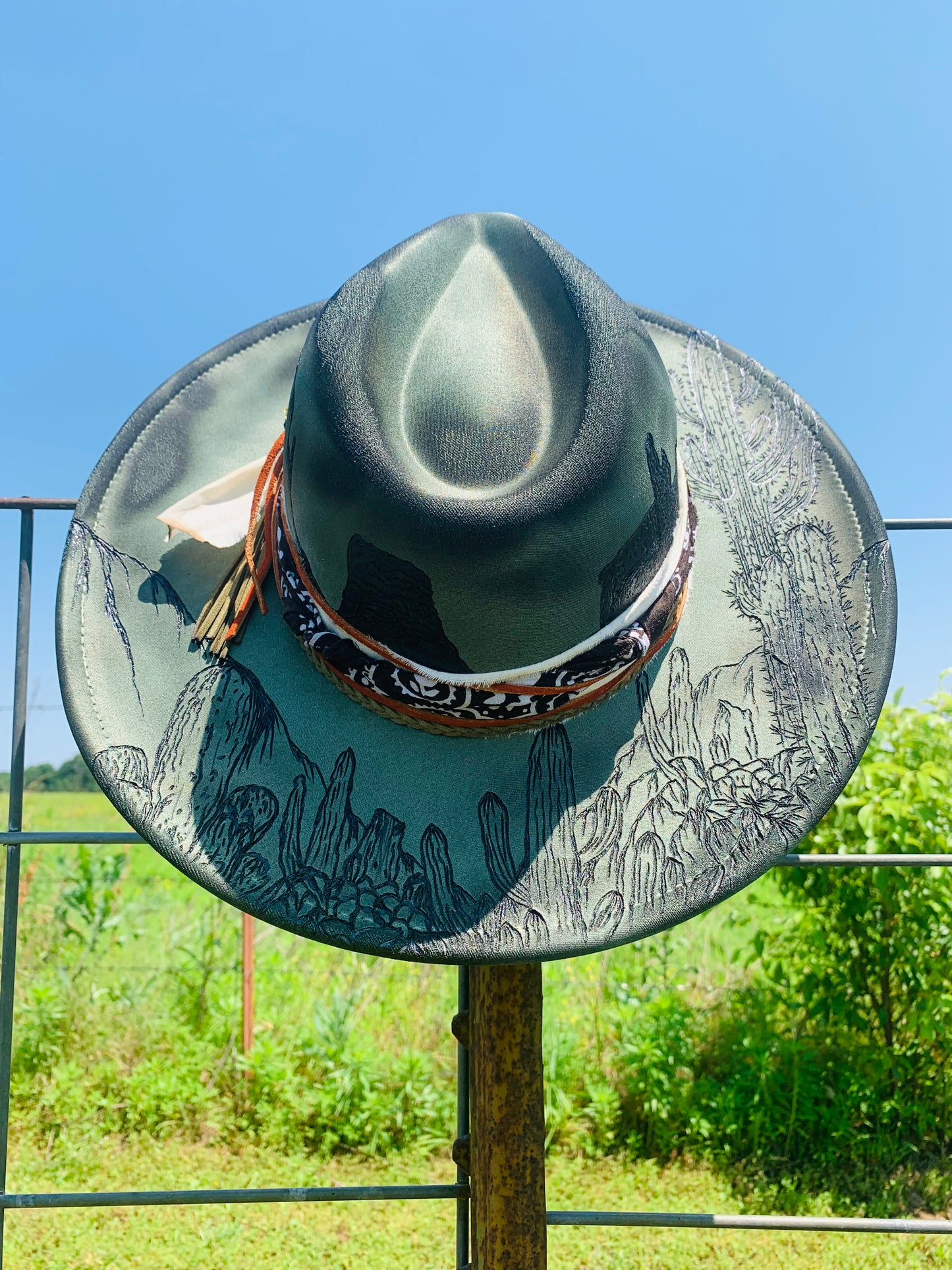 Hand Burned Rancher Hat with a Desert Design