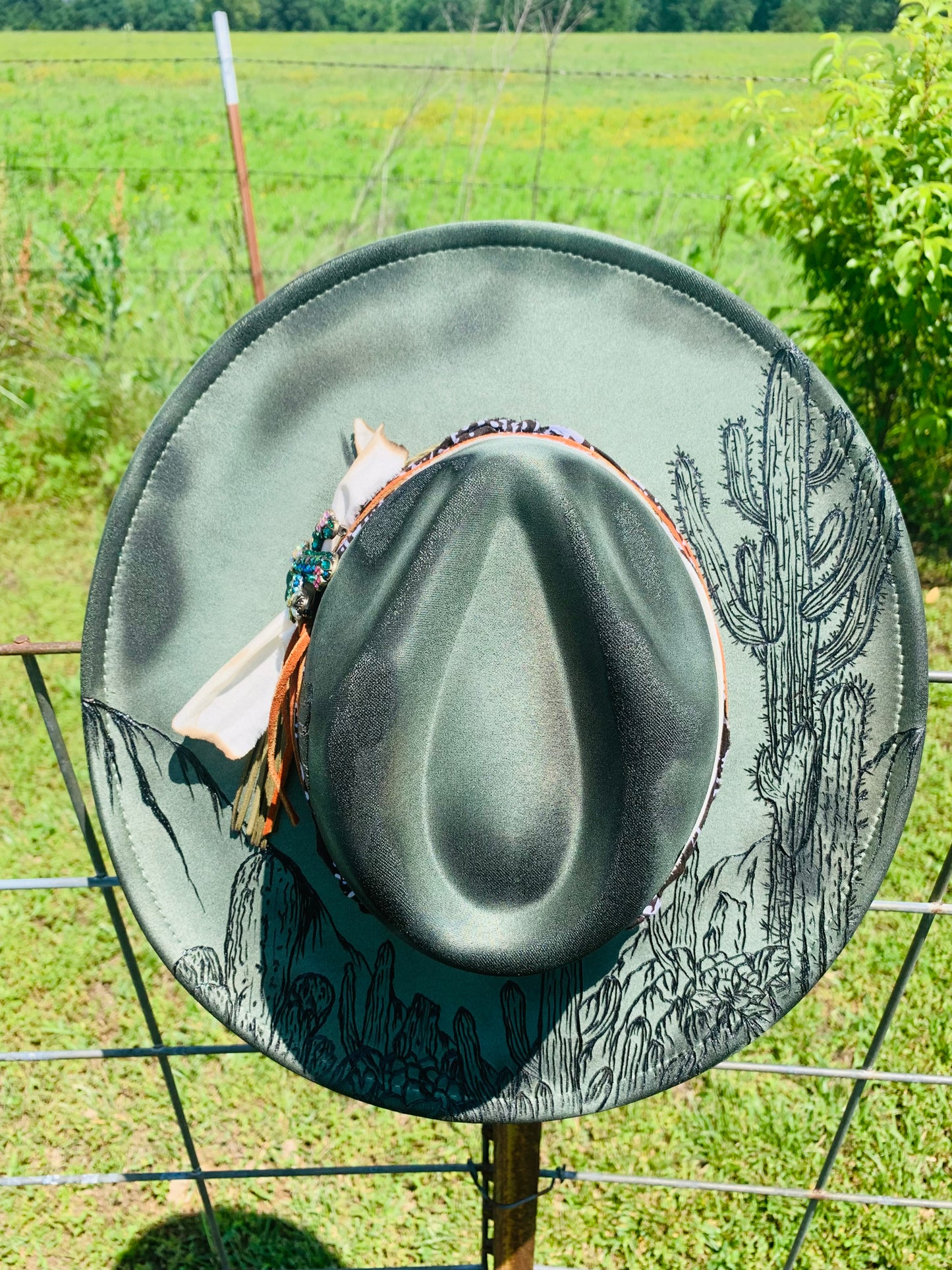 Hand Burned Rancher Hat with a Desert Design