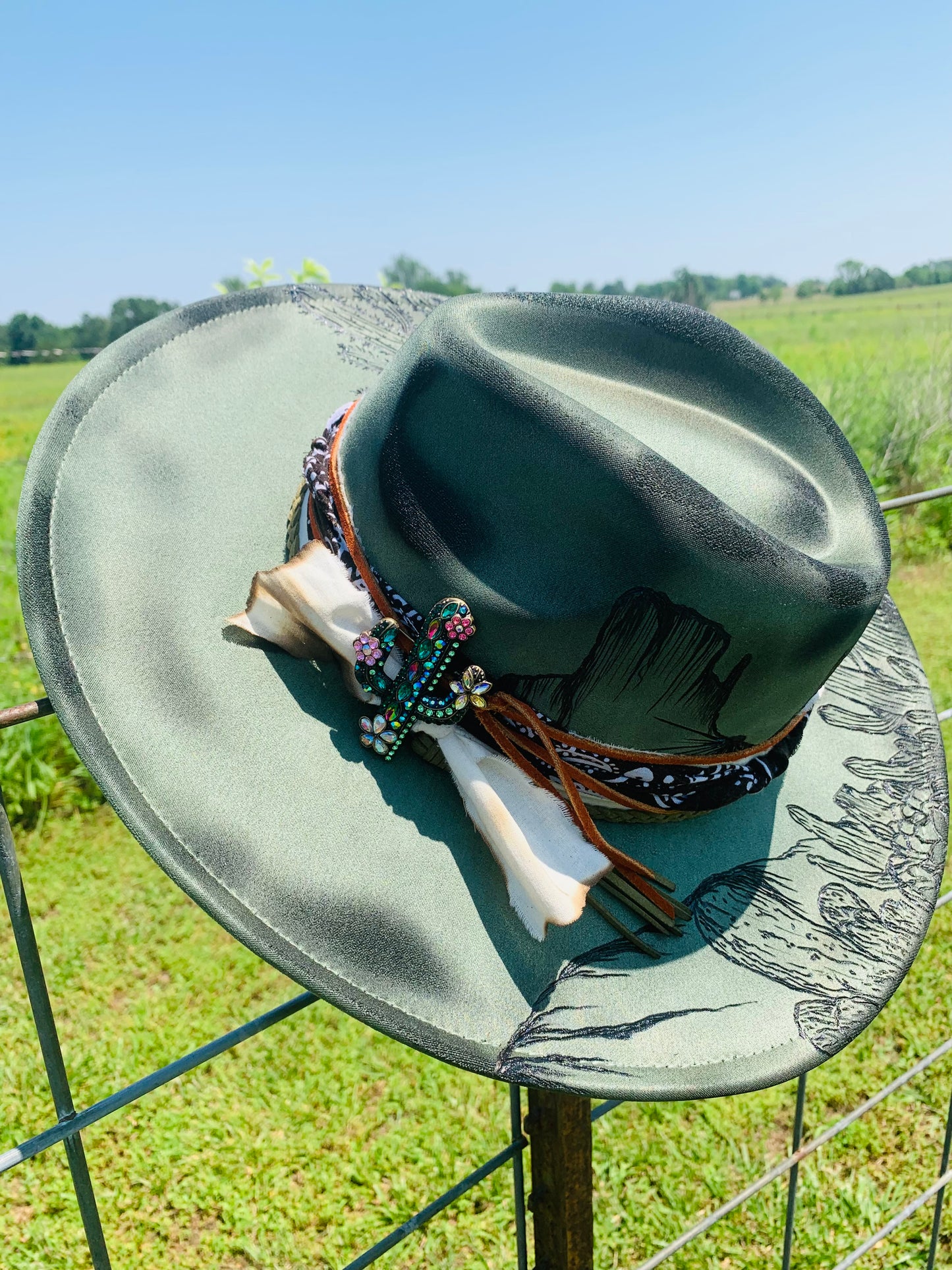 Hand Burned Rancher Hat with a Desert Design