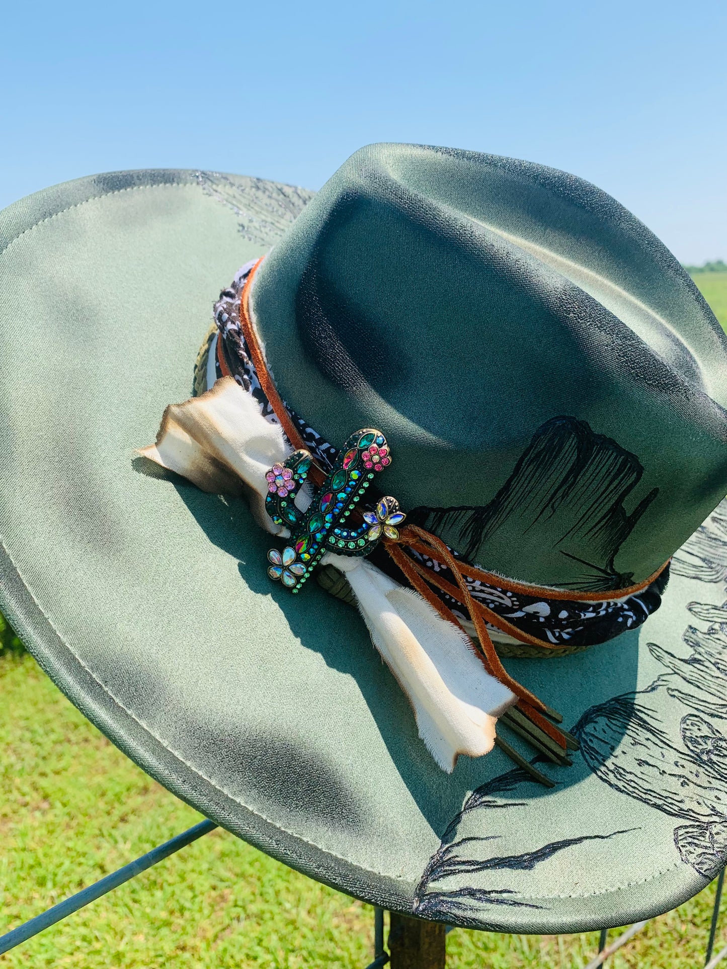Hand Burned Rancher Hat with a Desert Design