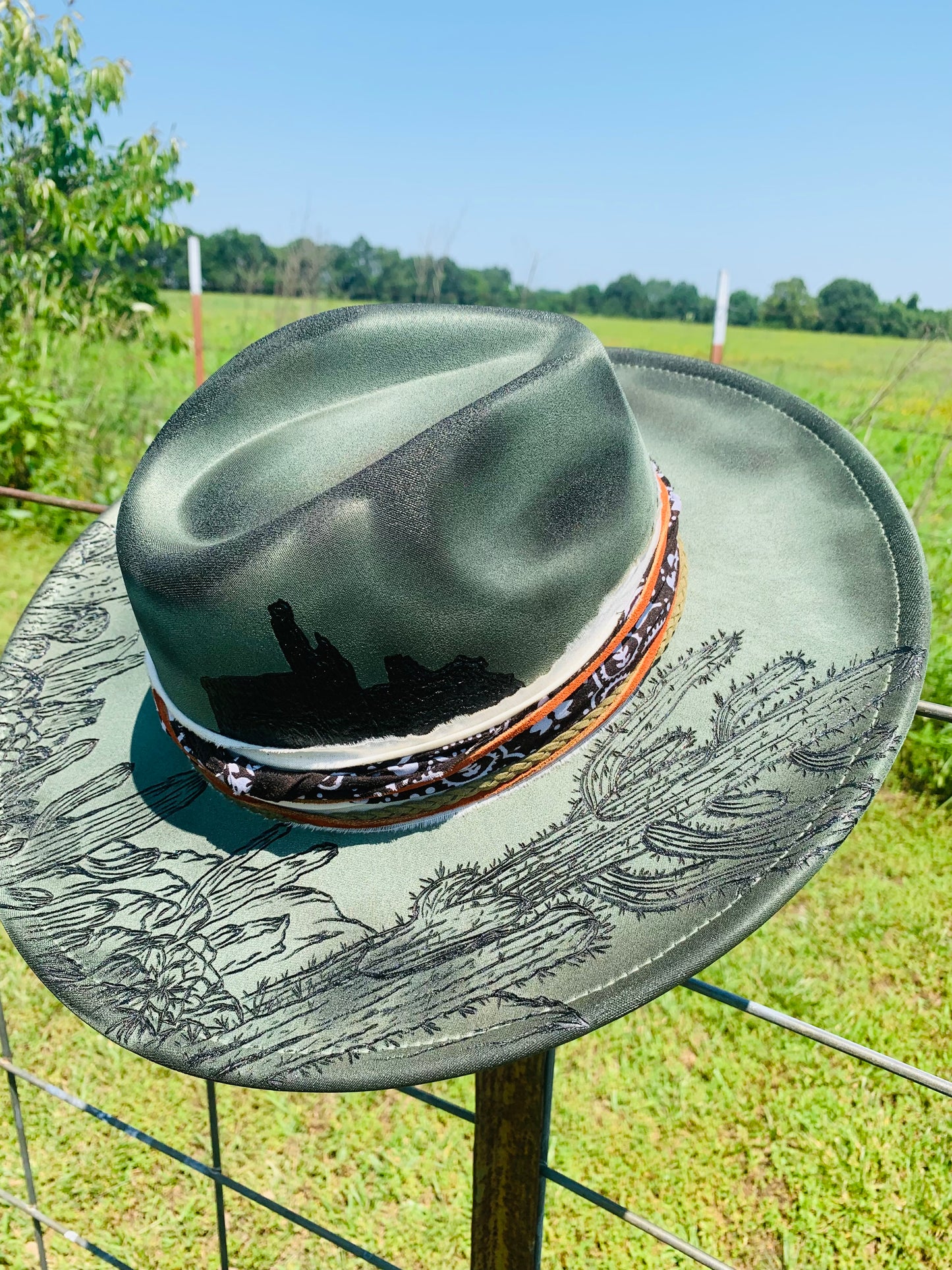 Hand Burned Rancher Hat with a Desert Design