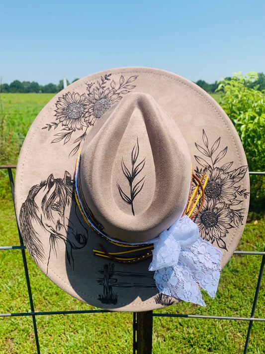 Hand Burned Rancher Hat "Horse Whispers" Design