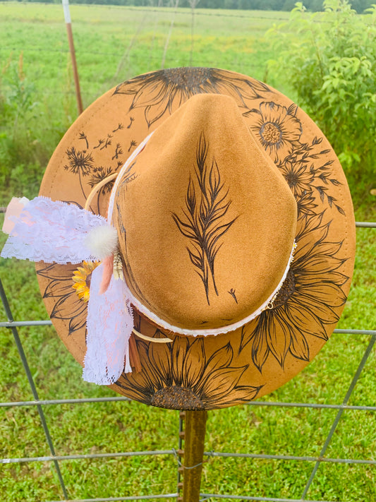 Hand Burned Youth Rancher Hat with Sunflowers/Mountain Design