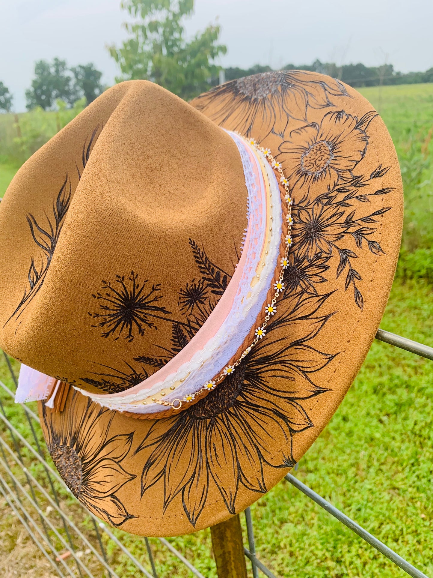 Hand Burned Youth Rancher Hat with Sunflowers/Mountain Design