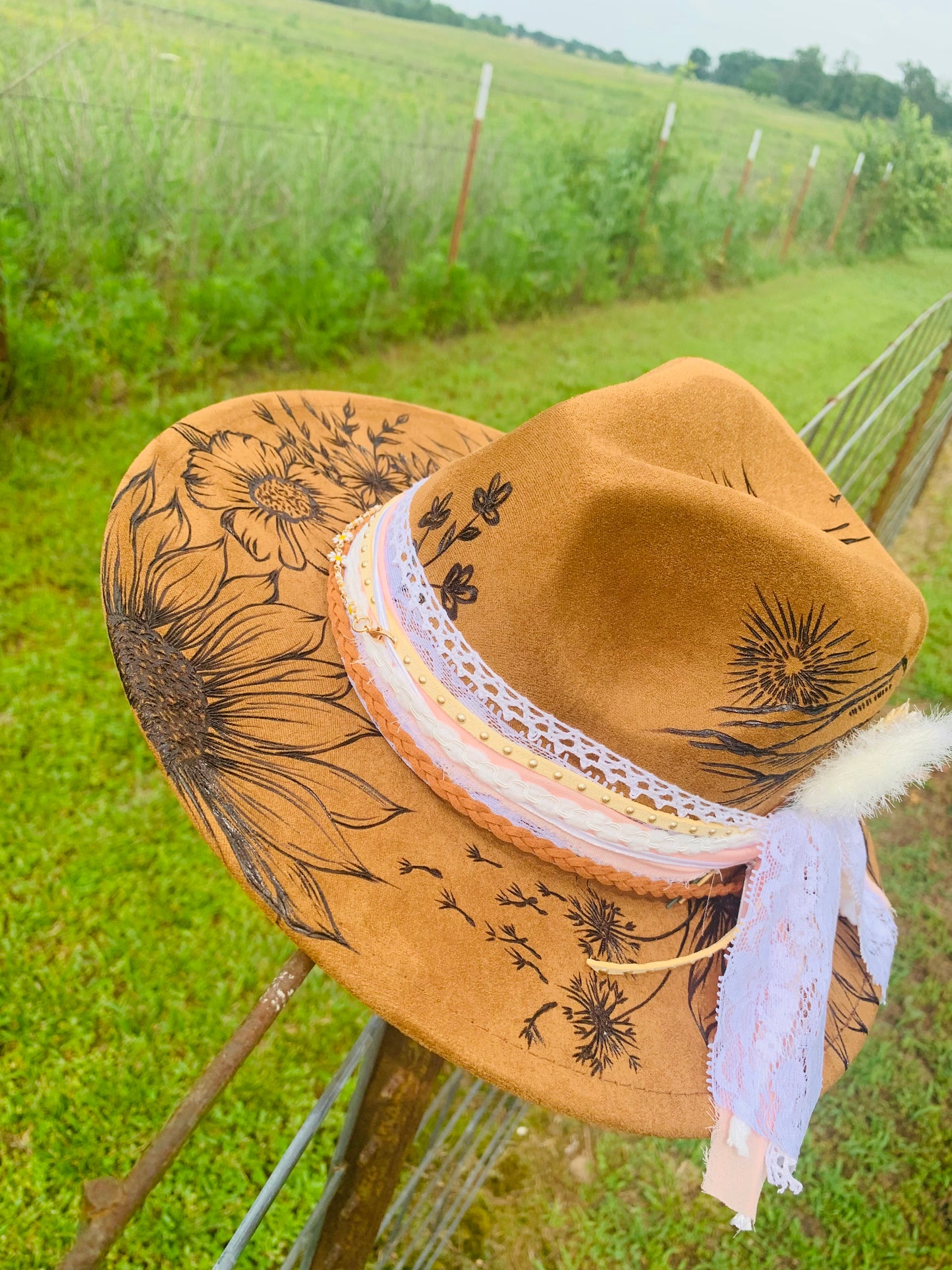 Hand Burned Youth Rancher Hat with Sunflowers/Mountain Design