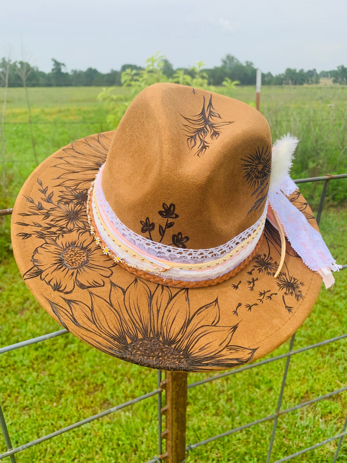 Hand Burned Youth Rancher Hat with Sunflowers/Mountain Design