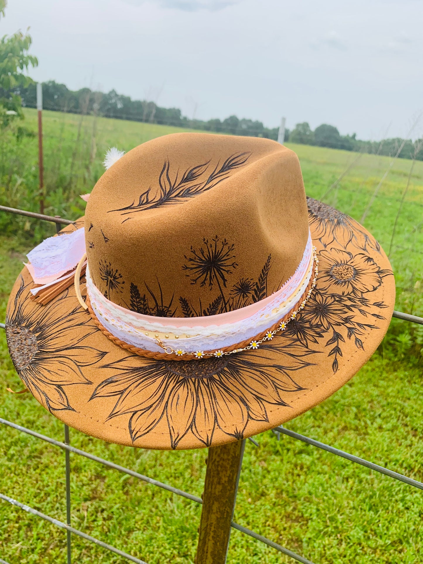 Hand Burned Youth Rancher Hat with Sunflowers/Mountain Design