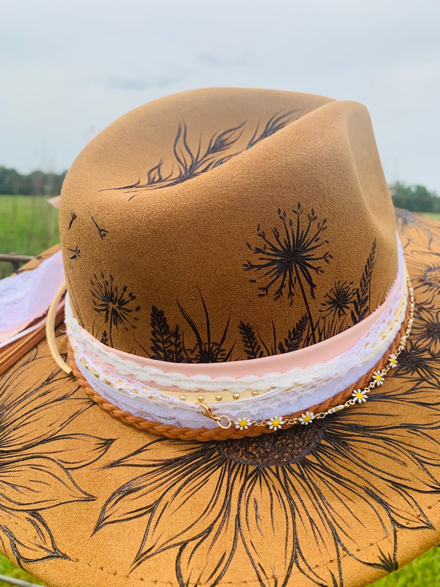 Hand Burned Youth Rancher Hat with Sunflowers/Mountain Design