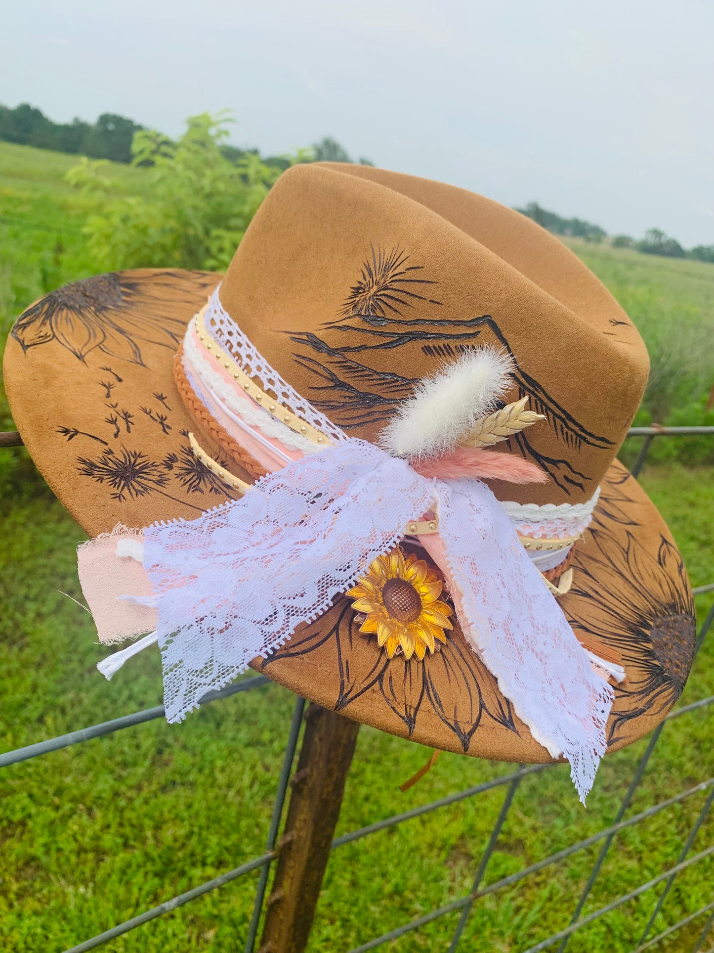 Hand Burned Youth Rancher Hat with Sunflowers/Mountain Design