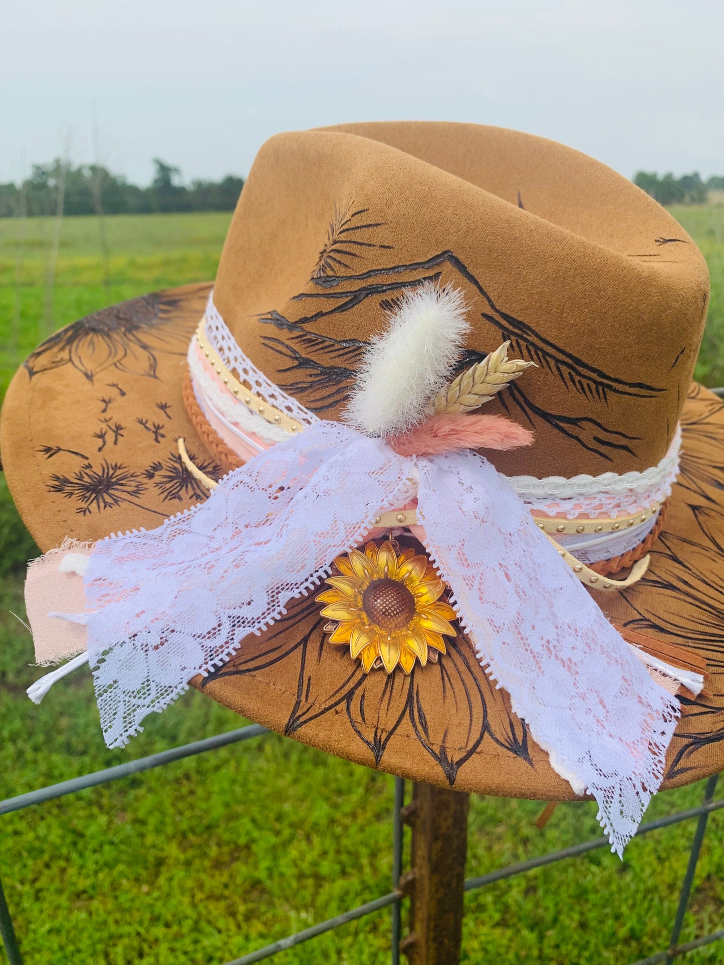 Hand Burned Youth Rancher Hat with Sunflowers/Mountain Design