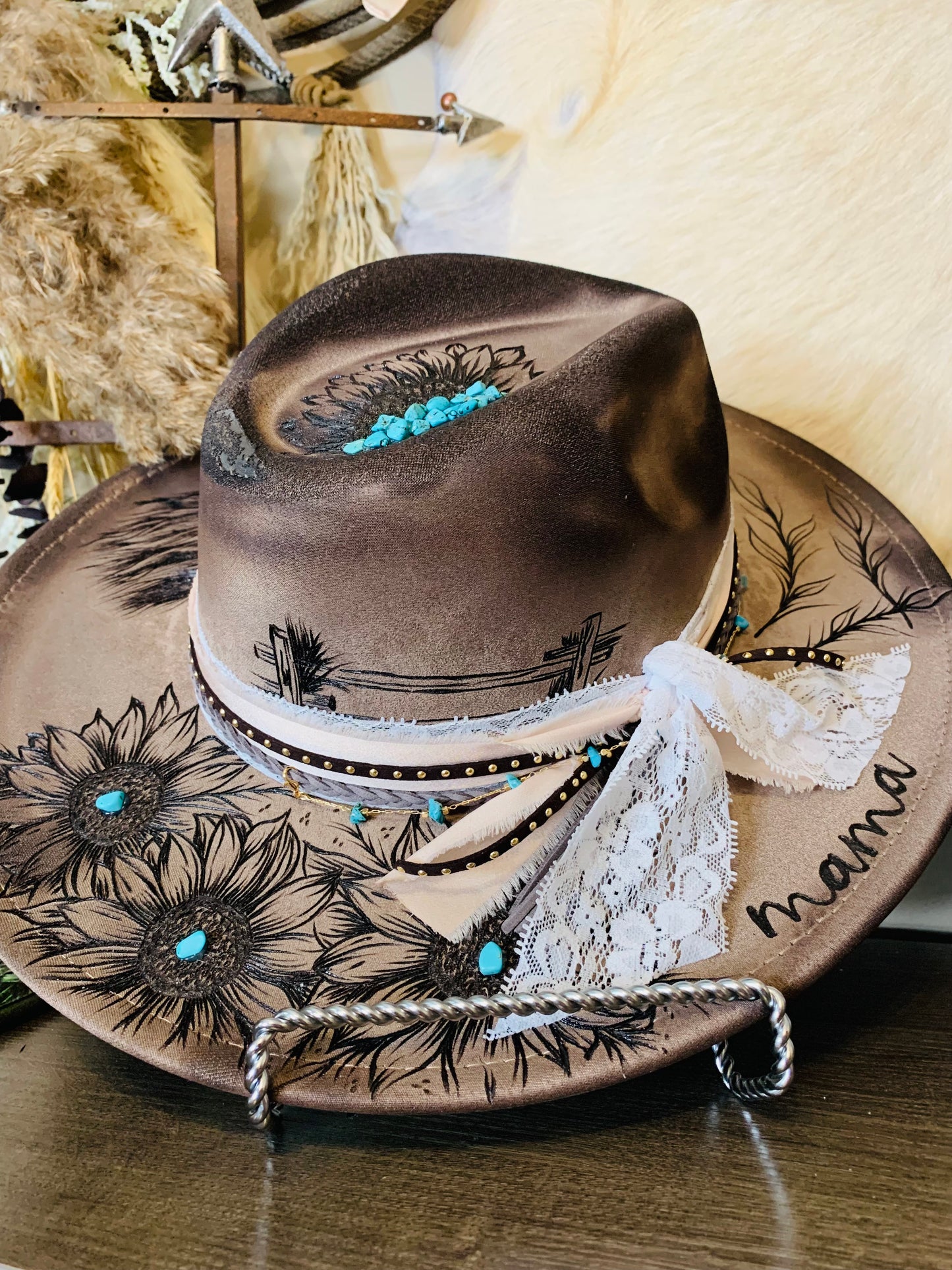 Hand Burned Rancher Hat Set "Mama and Me" Designs