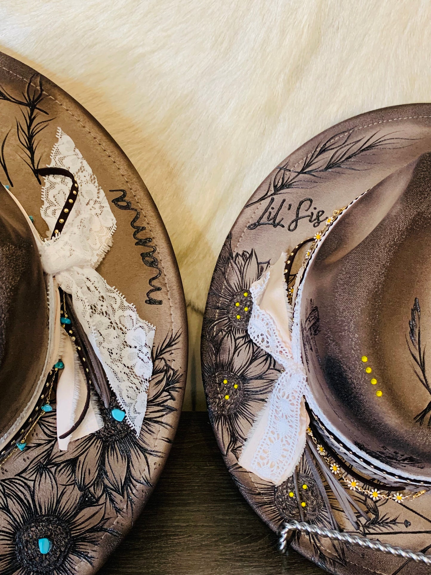 Hand Burned Rancher Hat Set "Mama and Me" Designs