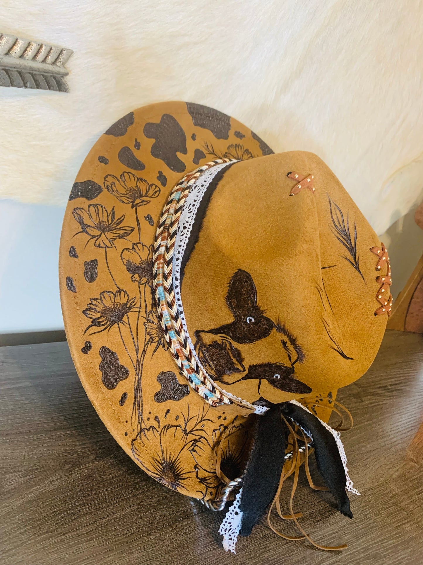 Hand Burned Youth Rancher Hat with Dairy Cow/Cosmos Flower Design