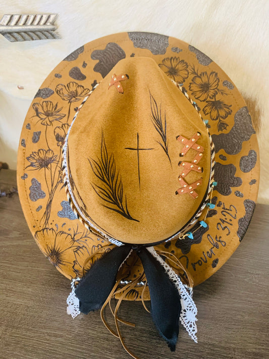 Hand Burned Youth Rancher Hat with Dairy Cow/Cosmos Flower Design