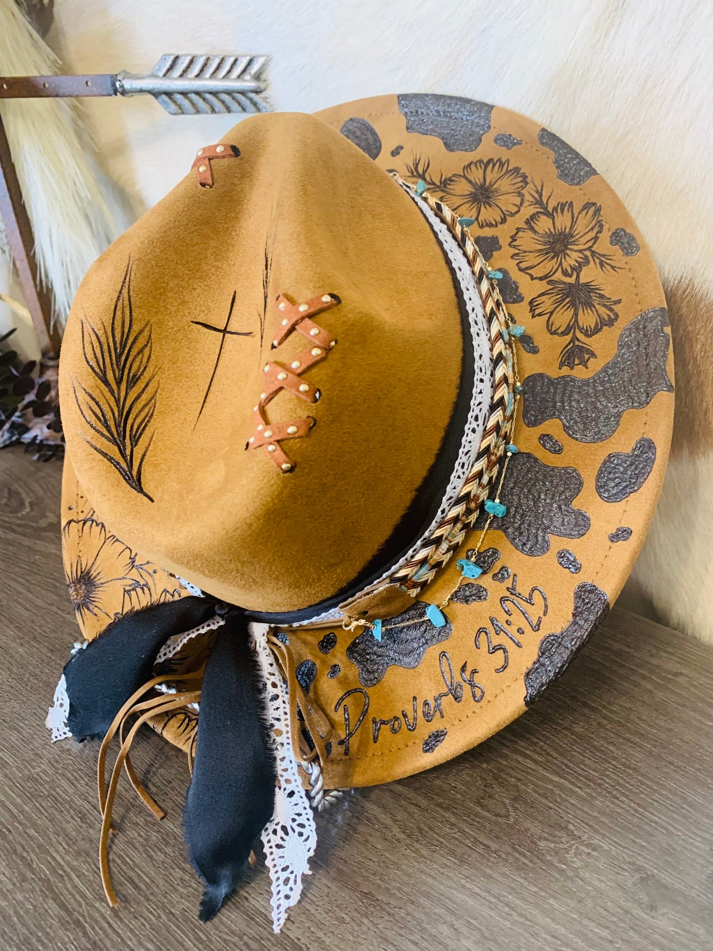 Hand Burned Youth Rancher Hat with Dairy Cow/Cosmos Flower Design