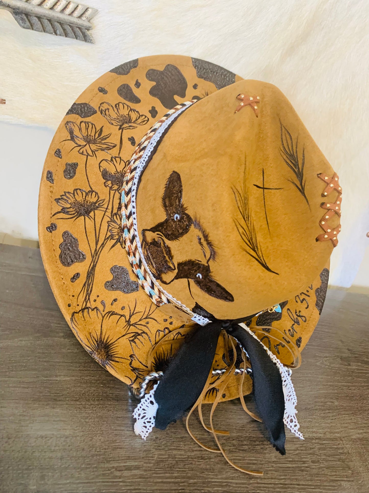 Hand Burned Youth Rancher Hat with Dairy Cow/Cosmos Flower Design