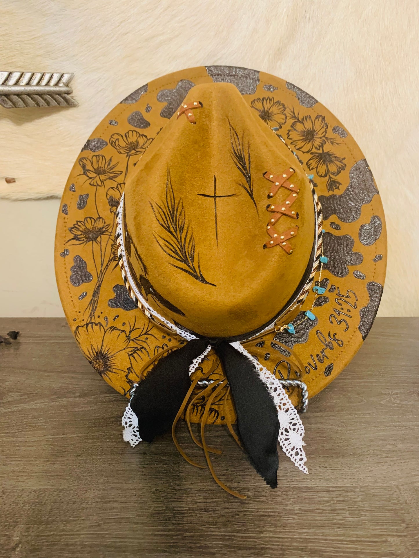 Hand Burned Youth Rancher Hat with Dairy Cow/Cosmos Flower Design