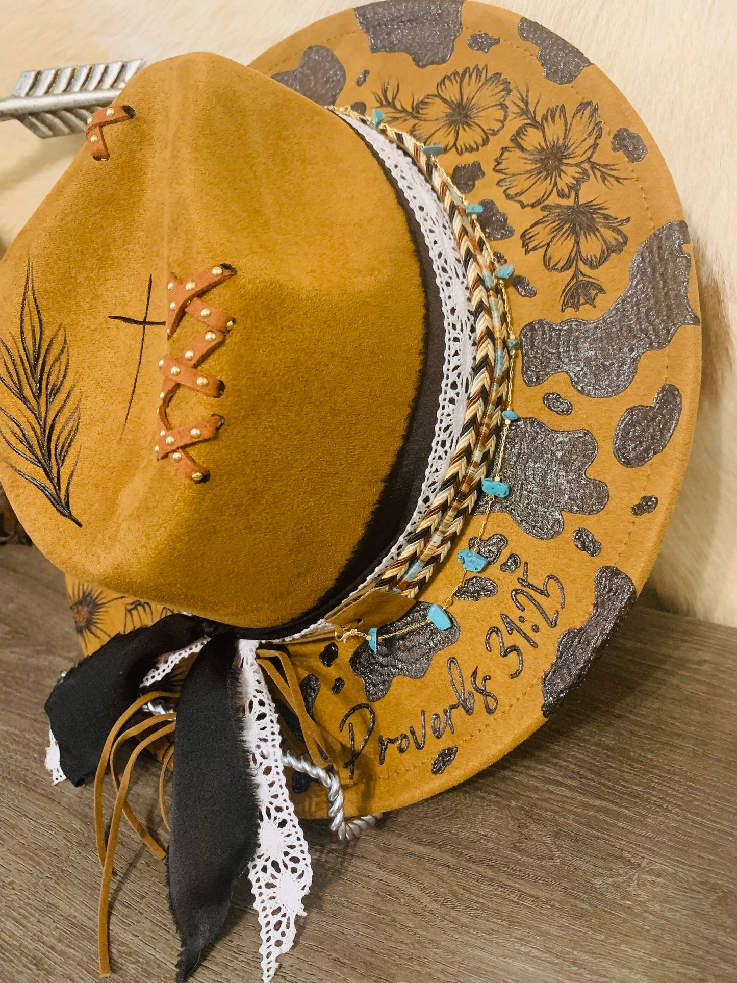 Hand Burned Youth Rancher Hat with Dairy Cow/Cosmos Flower Design