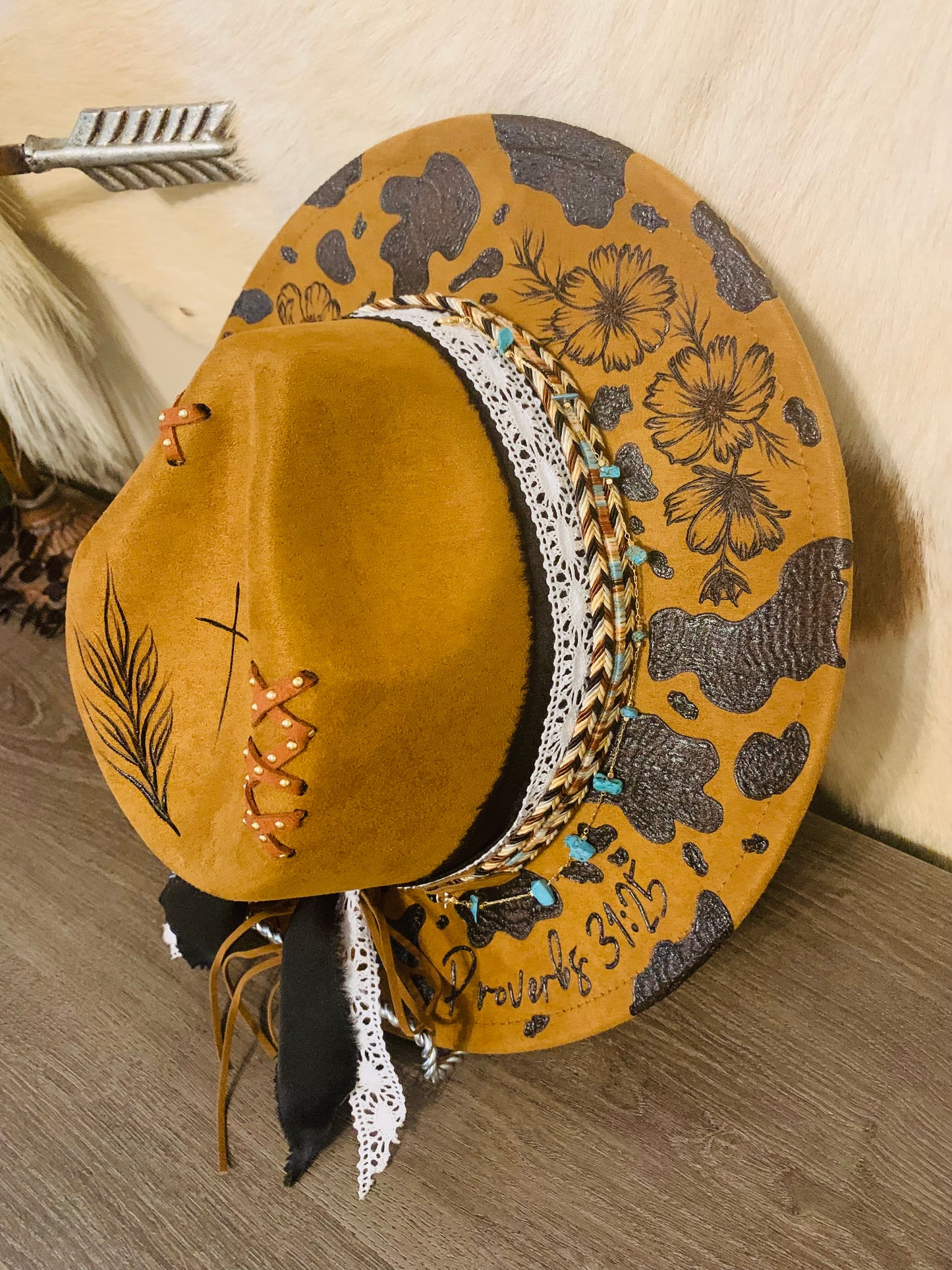 Hand Burned Youth Rancher Hat with Dairy Cow/Cosmos Flower Design