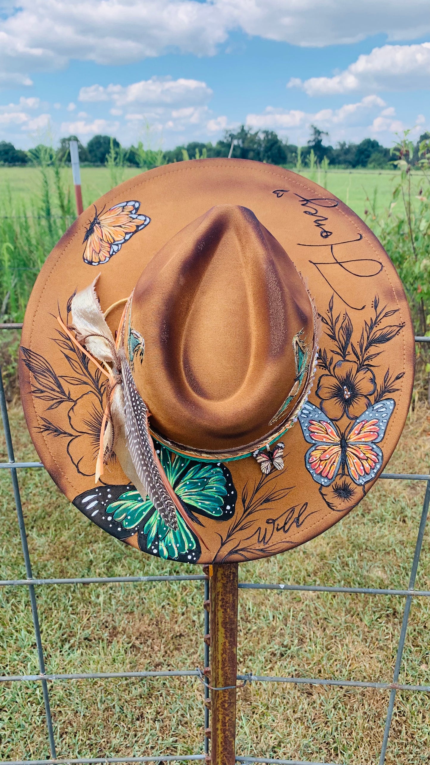 Hand Burned Rancher Hat "Wild Honey" Design