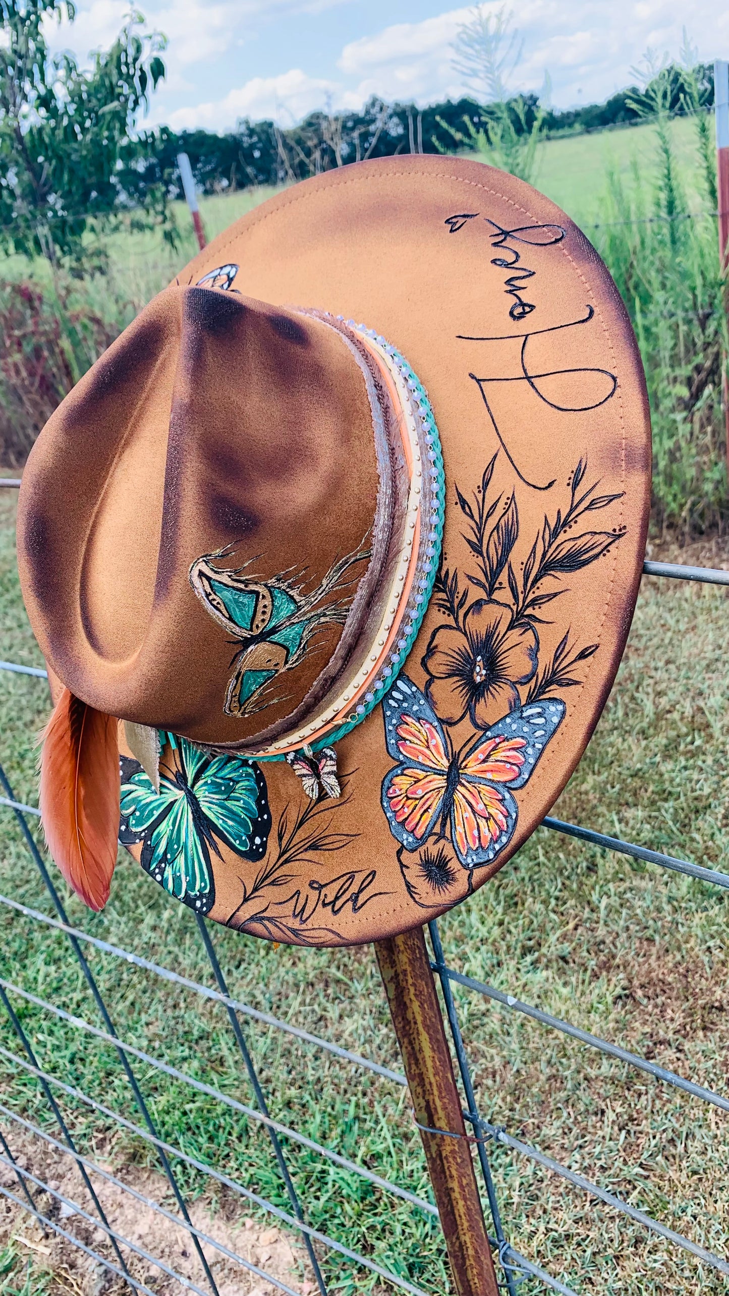 Hand Burned Rancher Hat "Wild Honey" Design