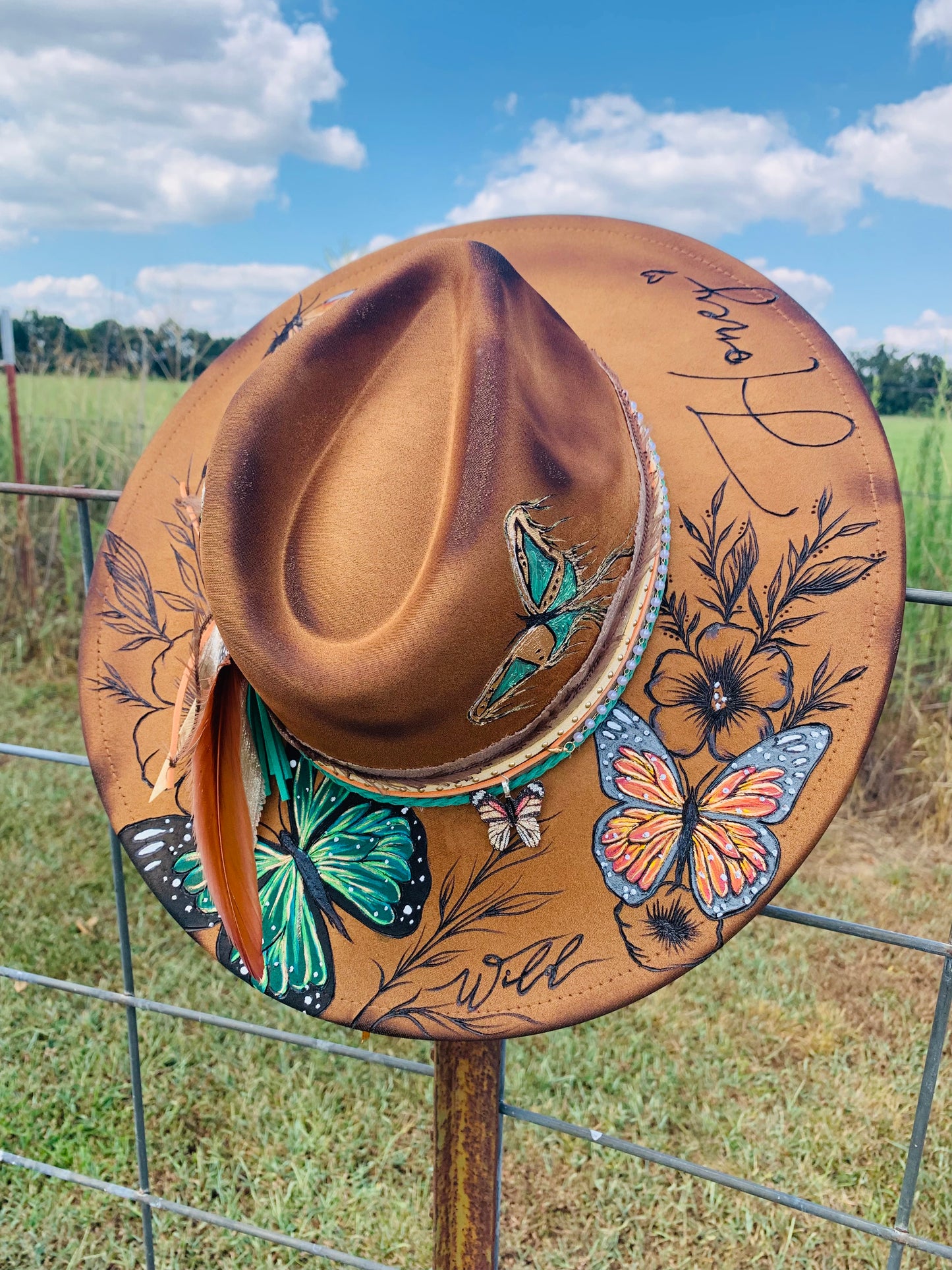 Hand Burned Rancher Hat "Wild Honey" Design