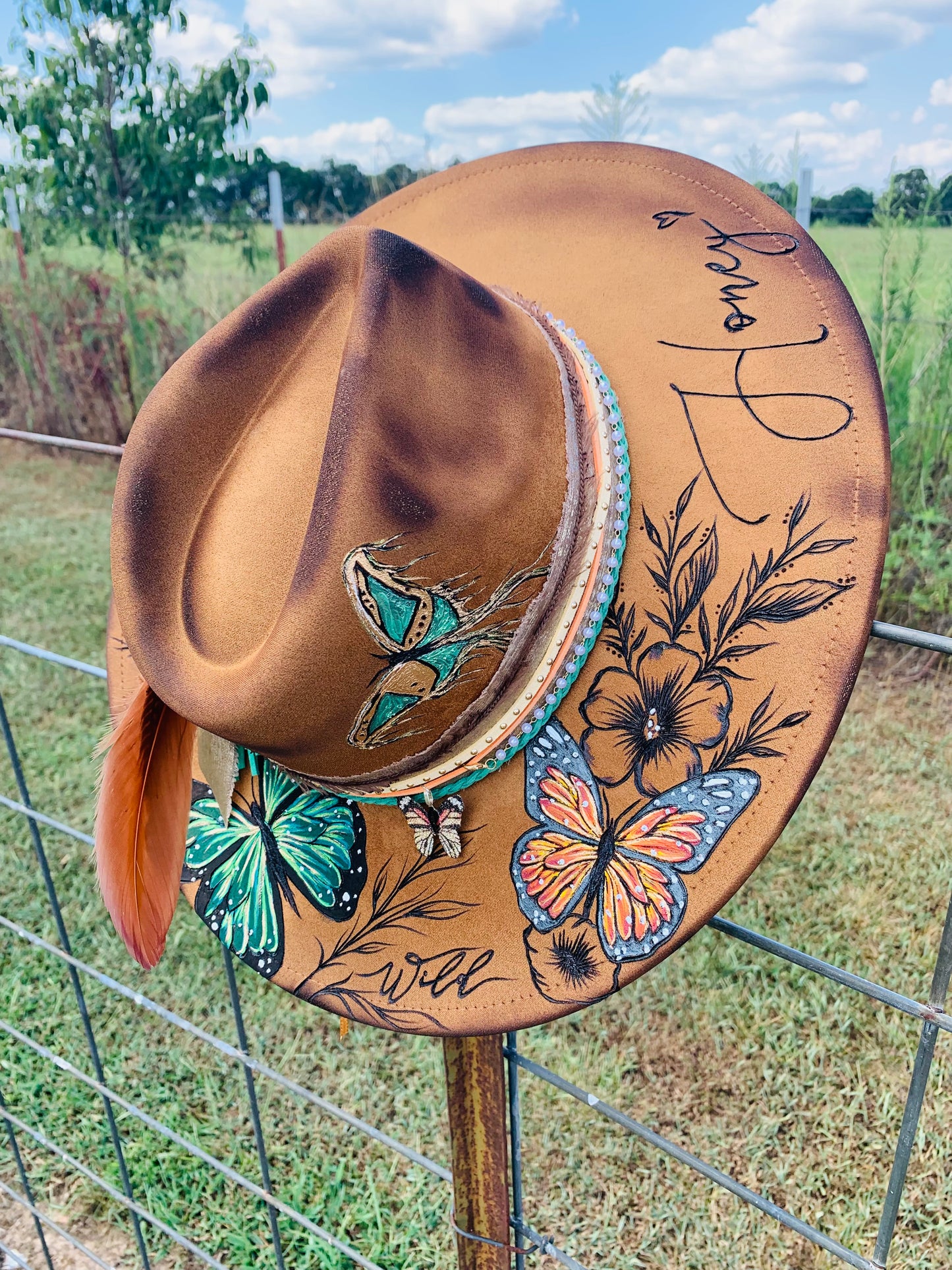 Hand Burned Rancher Hat "Wild Honey" Design