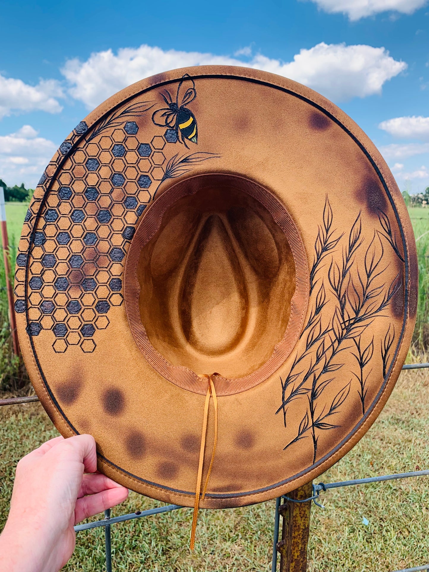 Hand Burned Rancher Hat "Wild Honey" Design