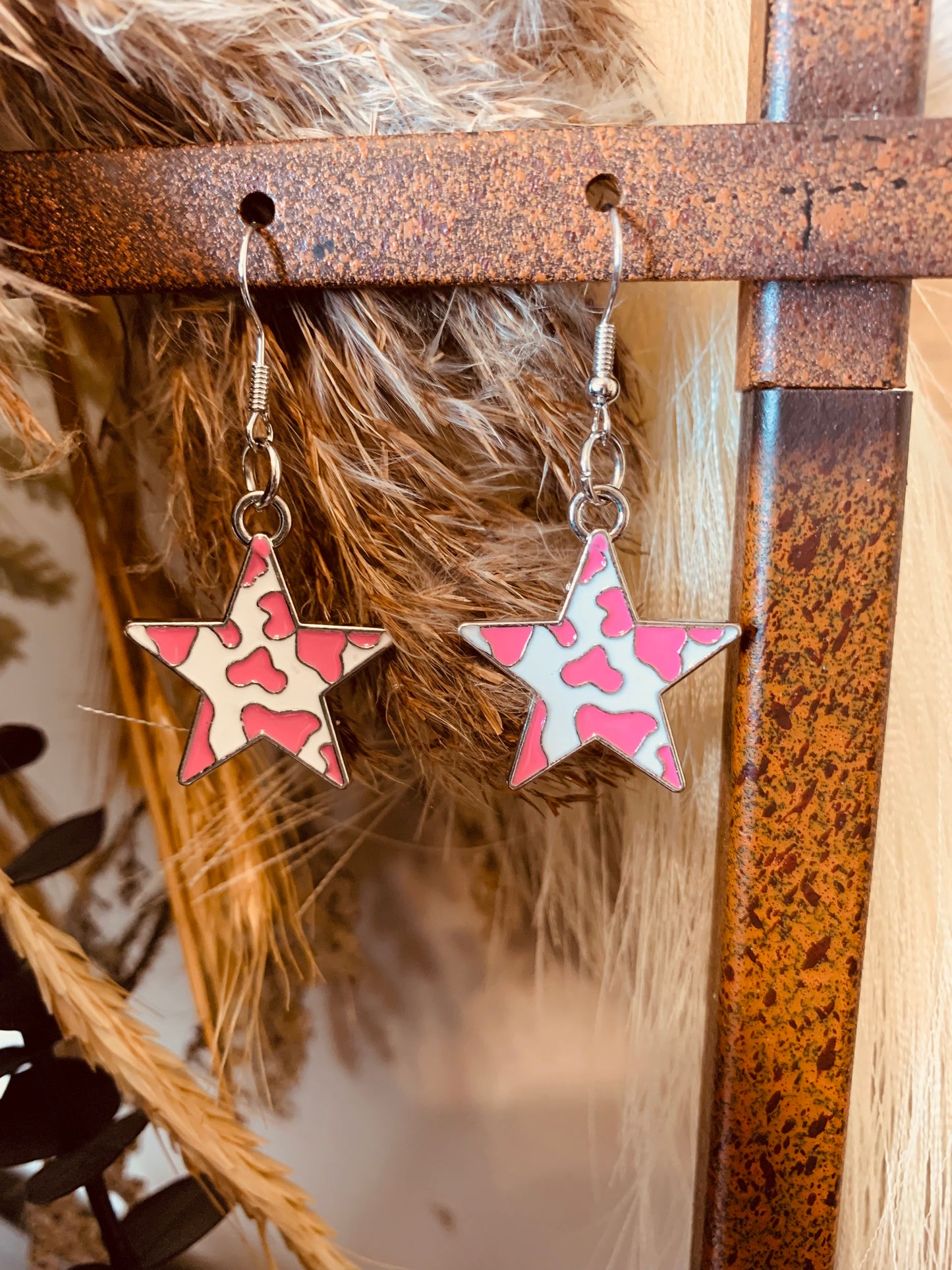 Pink Cow Print Star Earrings