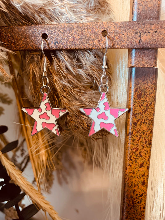 Pink Cow Print Star Earrings