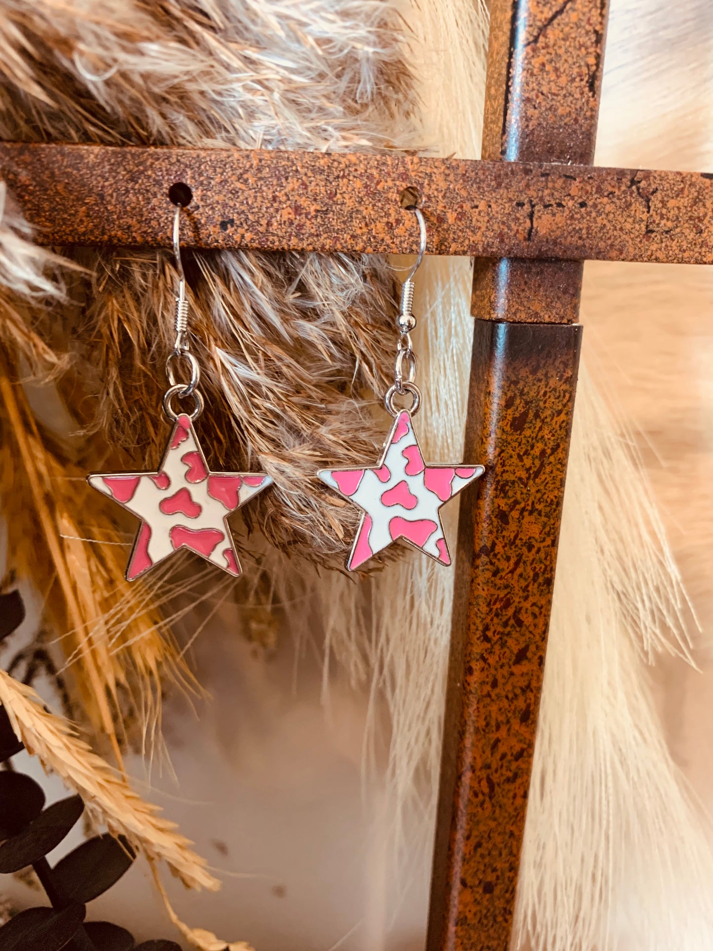 Pink Cow Print Star Earrings
