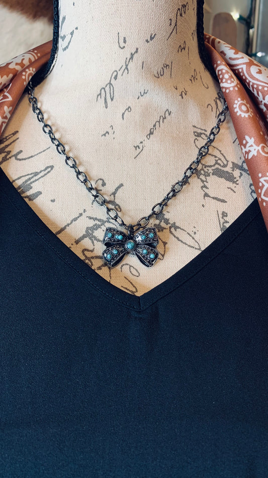 Antique Silver Turquoise Bow Necklace