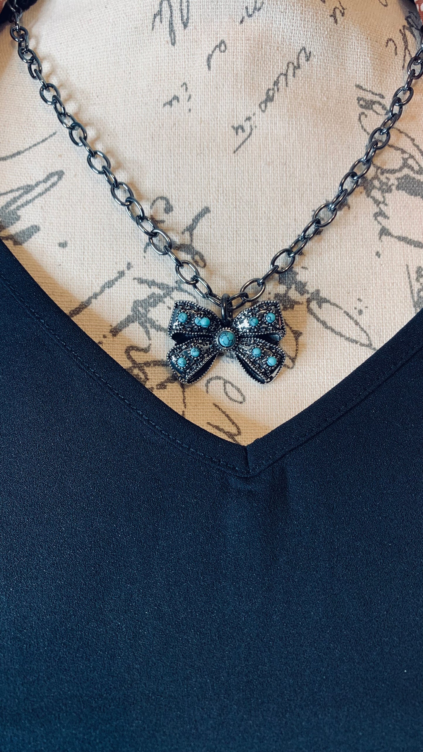 Antique Silver Turquoise Bow Necklace
