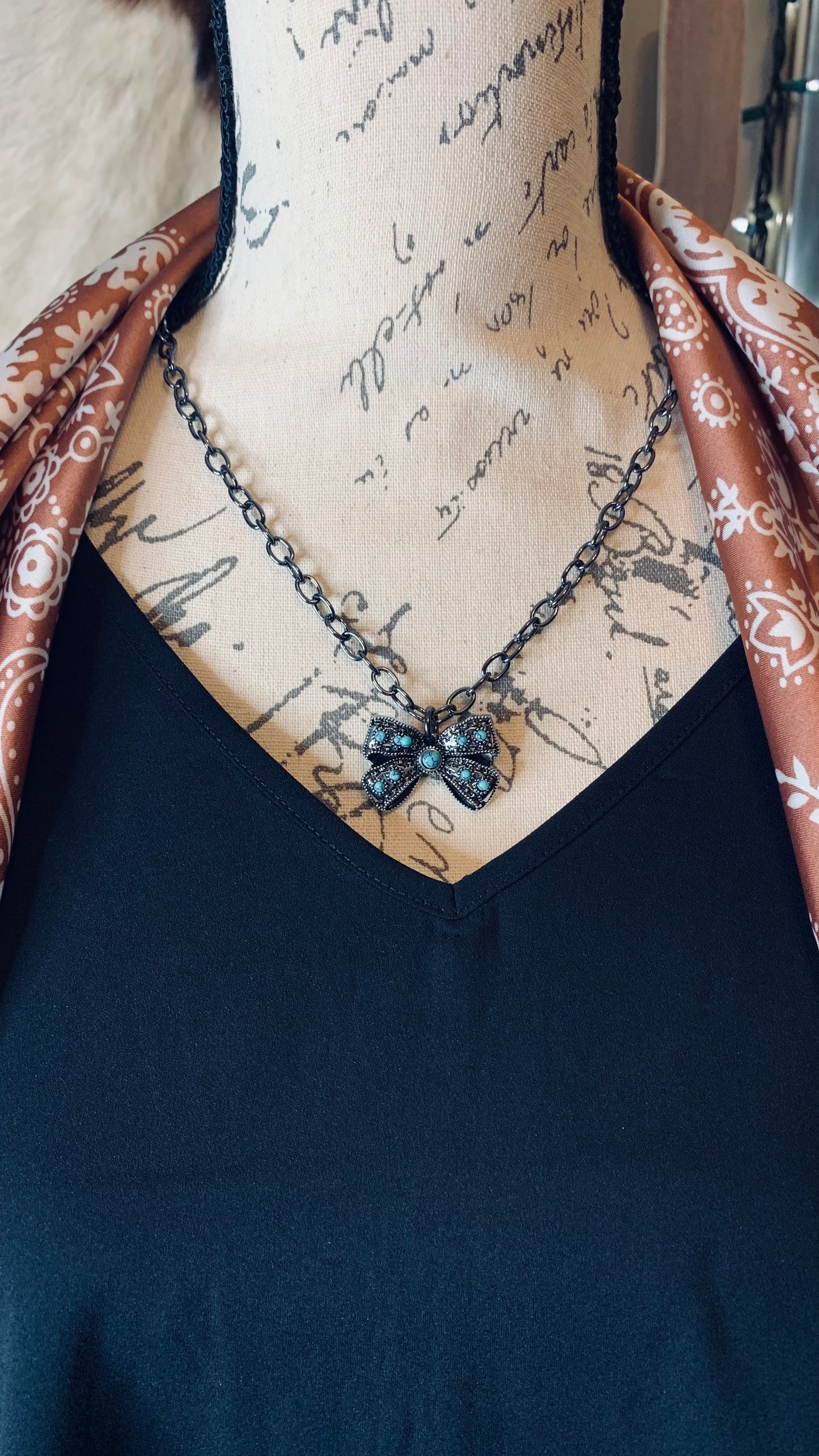 Antique Silver Turquoise Bow Necklace