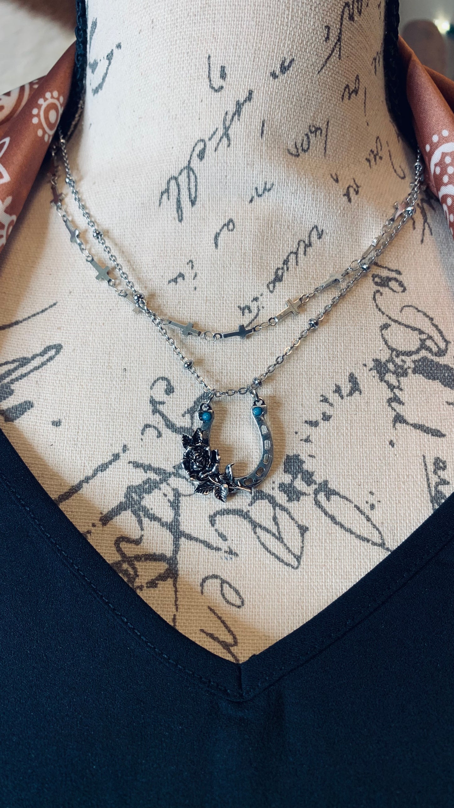 Antique Silver Horseshoe and Cross Necklace Set