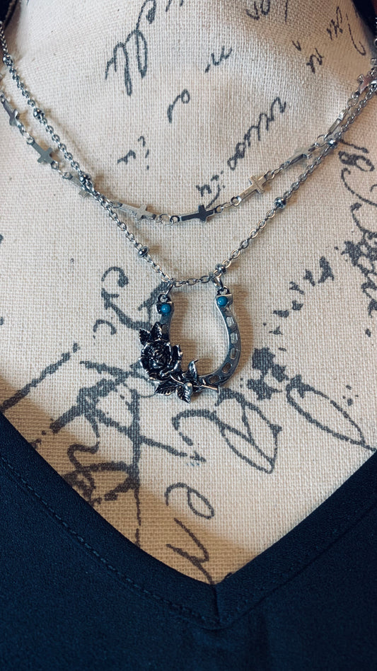 Antique Silver Horseshoe and Cross Necklace Set