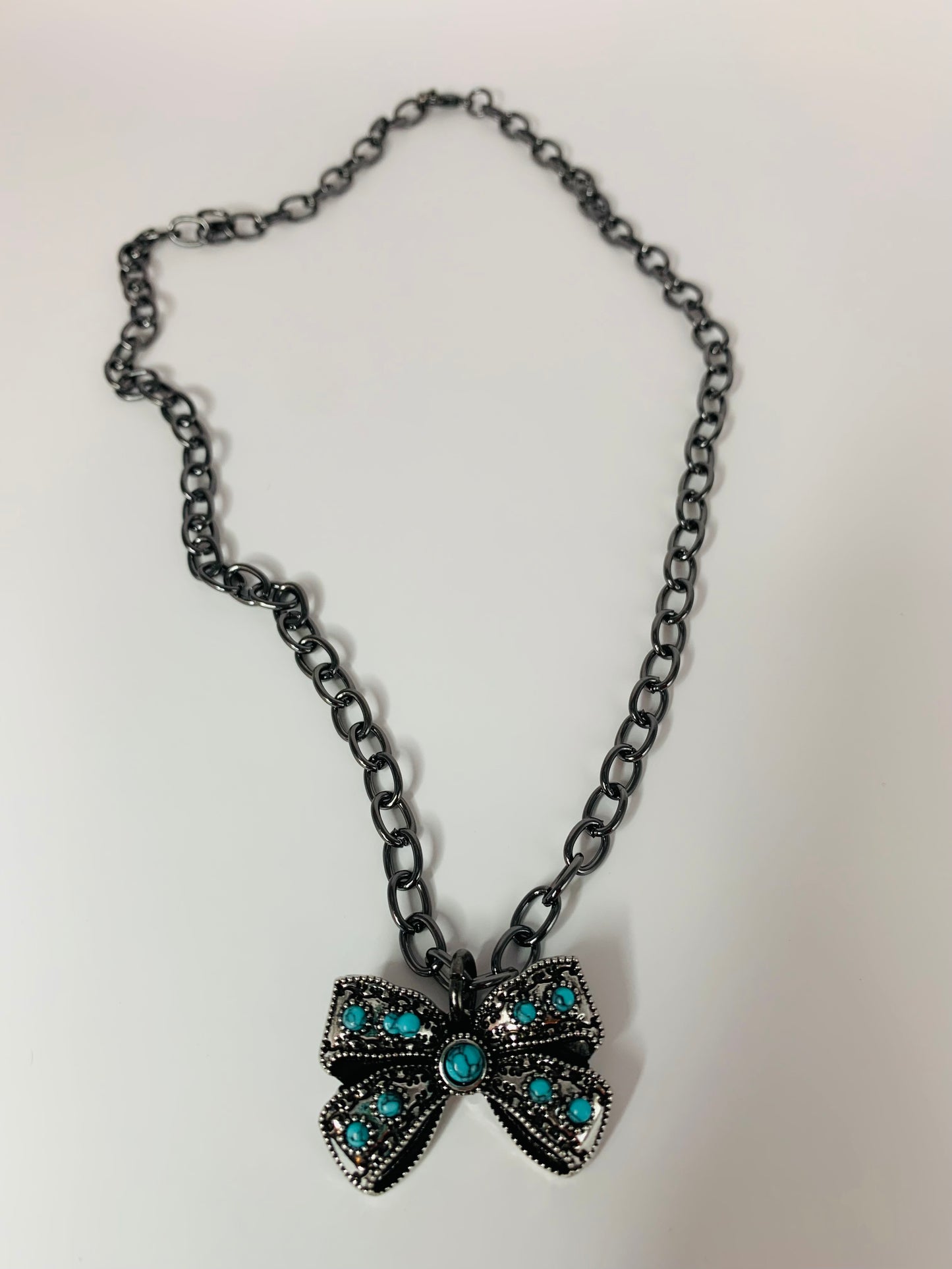Antique Silver Turquoise Bow Necklace