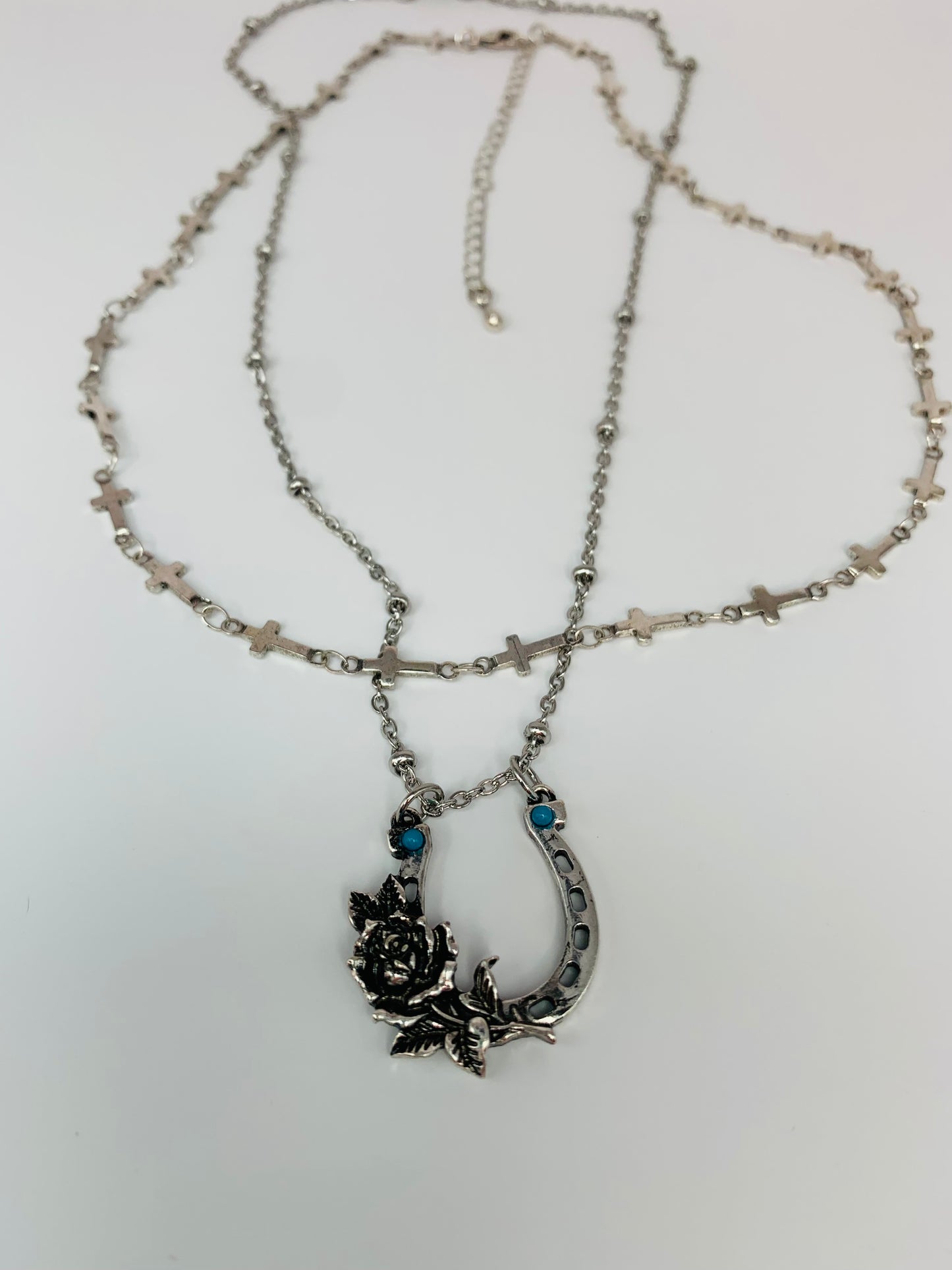 Antique Silver Horseshoe and Cross Necklace Set