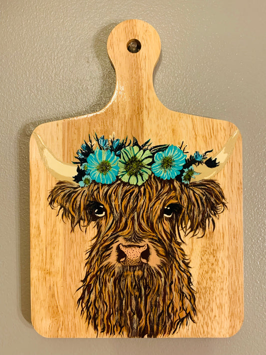 Hand Burned and Painted "Highland Cow" Board