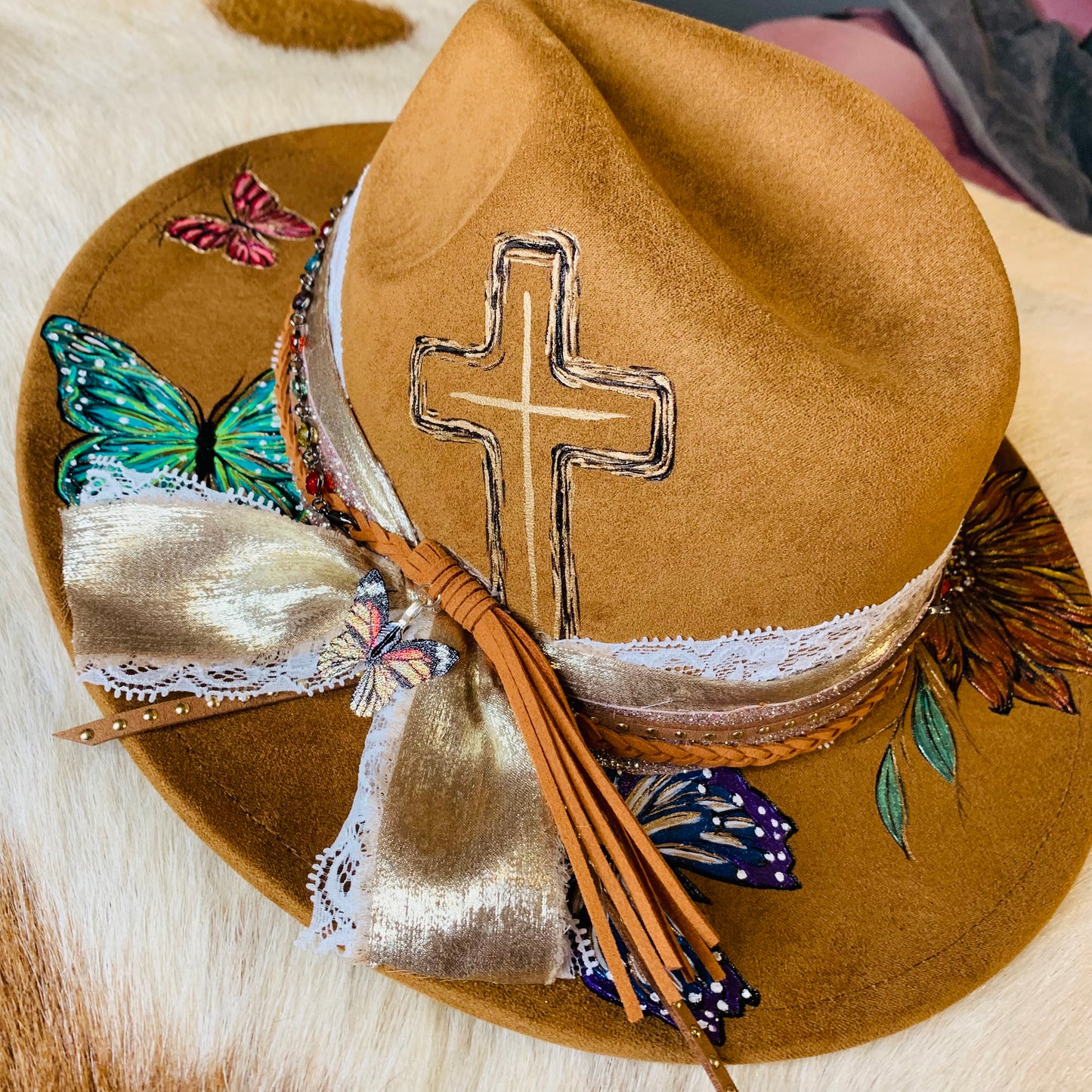 Hand Burned Youth Rancher Hat with Sunflowers/Butterflies Design