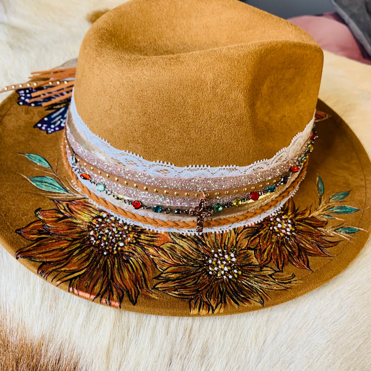 Hand Burned Youth Rancher Hat with Sunflowers/Butterflies Design