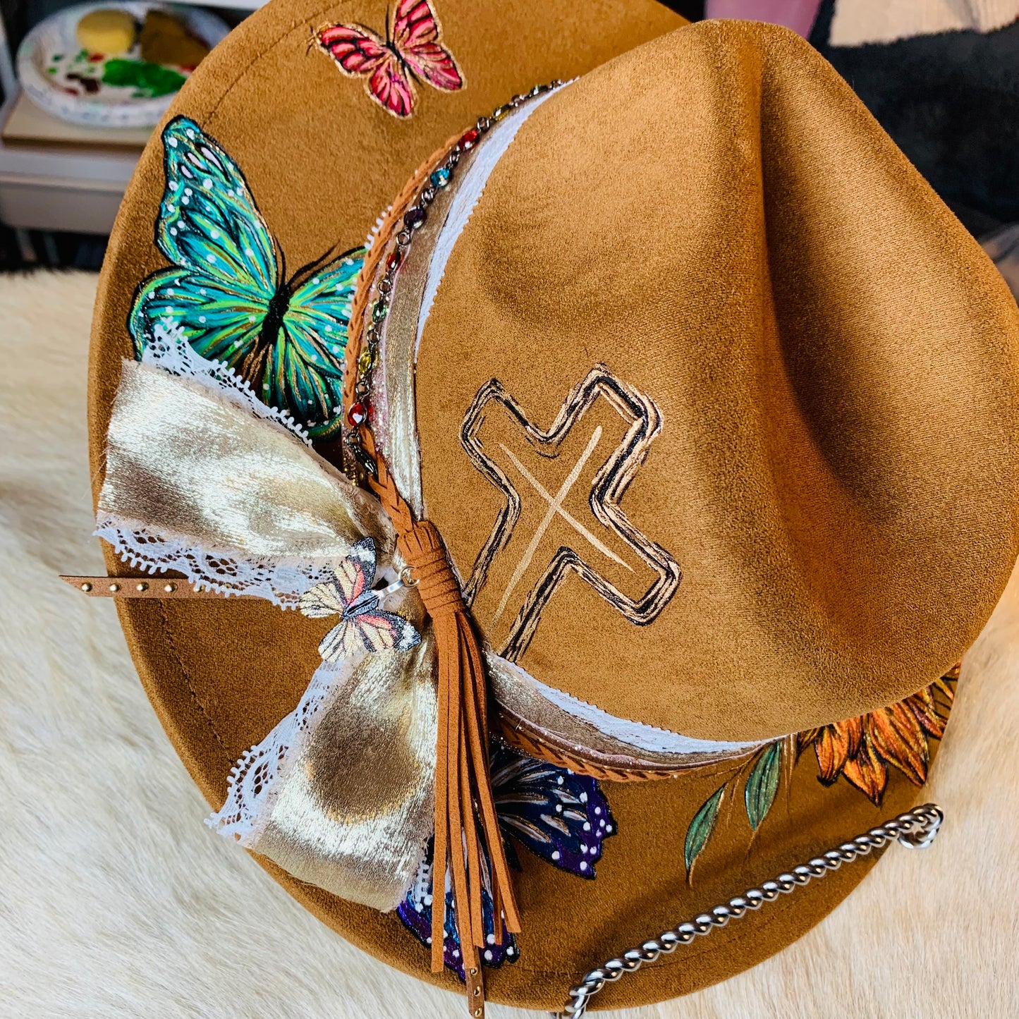 Hand Burned Youth Rancher Hat with Sunflowers/Butterflies Design