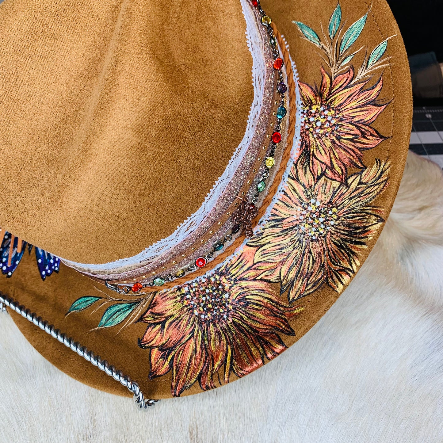 Hand Burned Youth Rancher Hat with Sunflowers/Butterflies Design