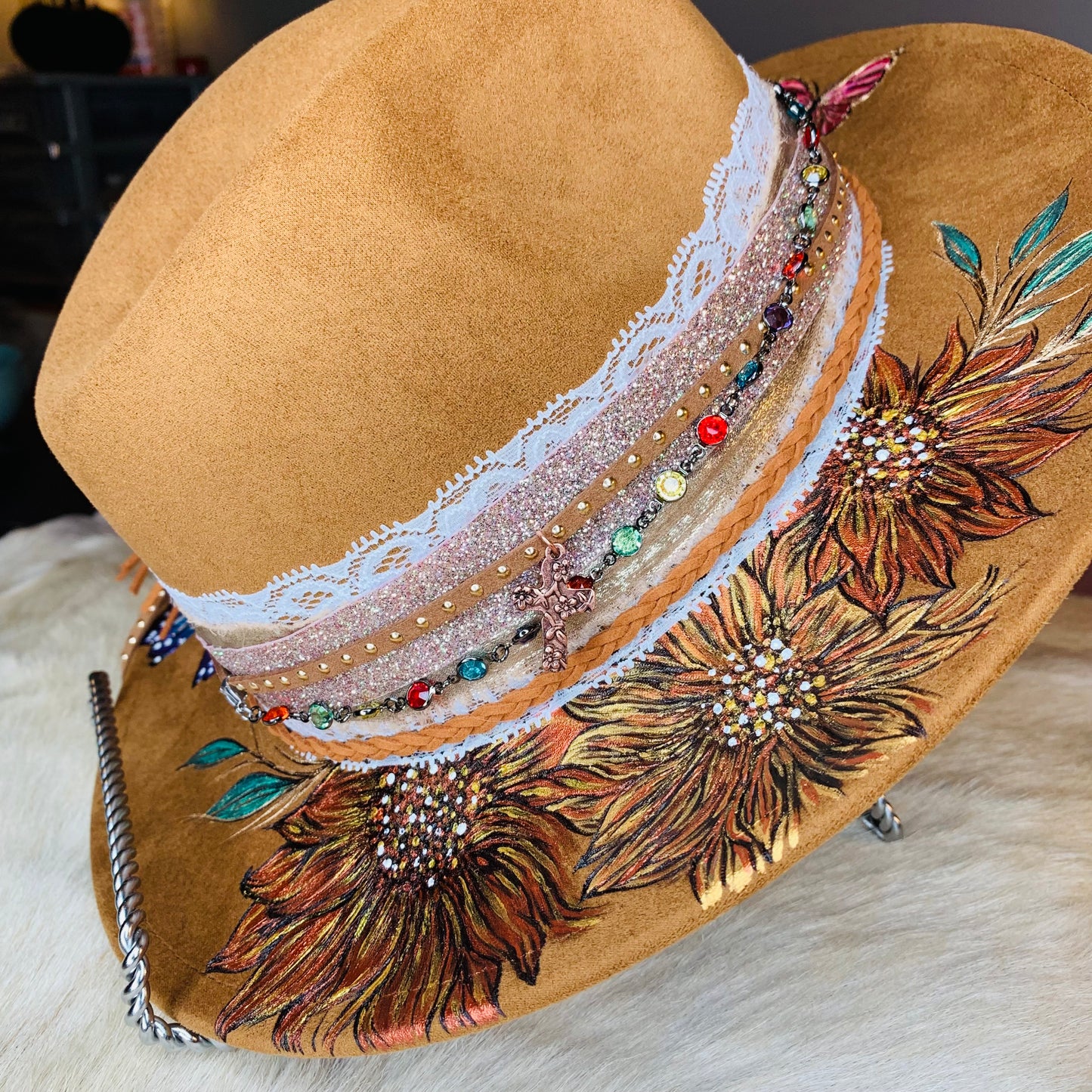 Hand Burned Youth Rancher Hat with Sunflowers/Butterflies Design