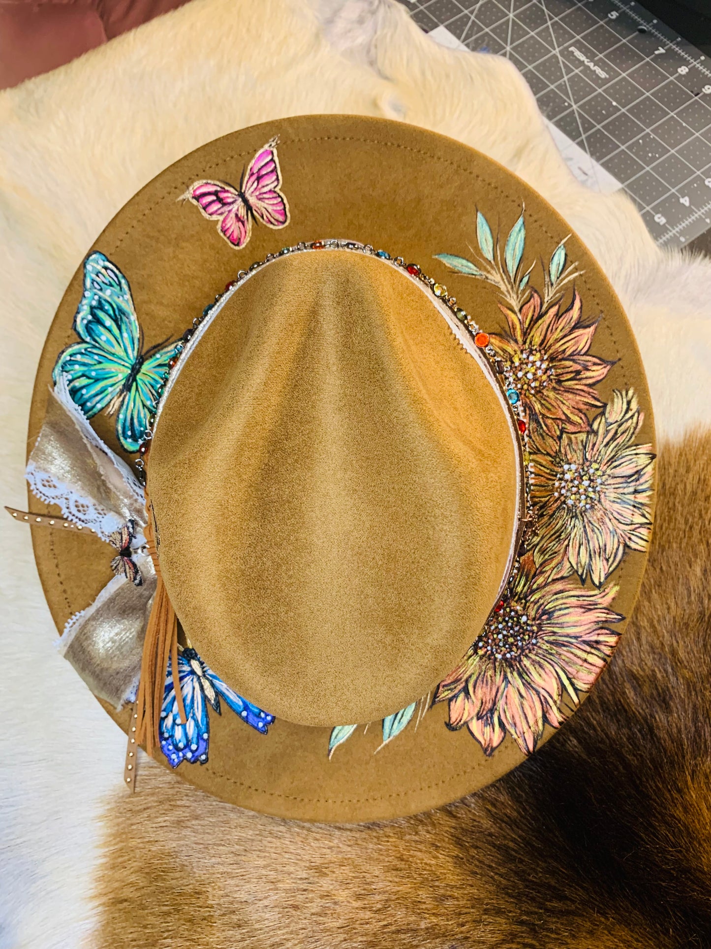 Hand Burned Youth Rancher Hat with Sunflowers/Butterflies Design