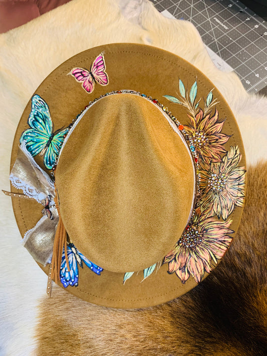 Hand Burned Youth Rancher Hat with Sunflowers/Butterflies Design