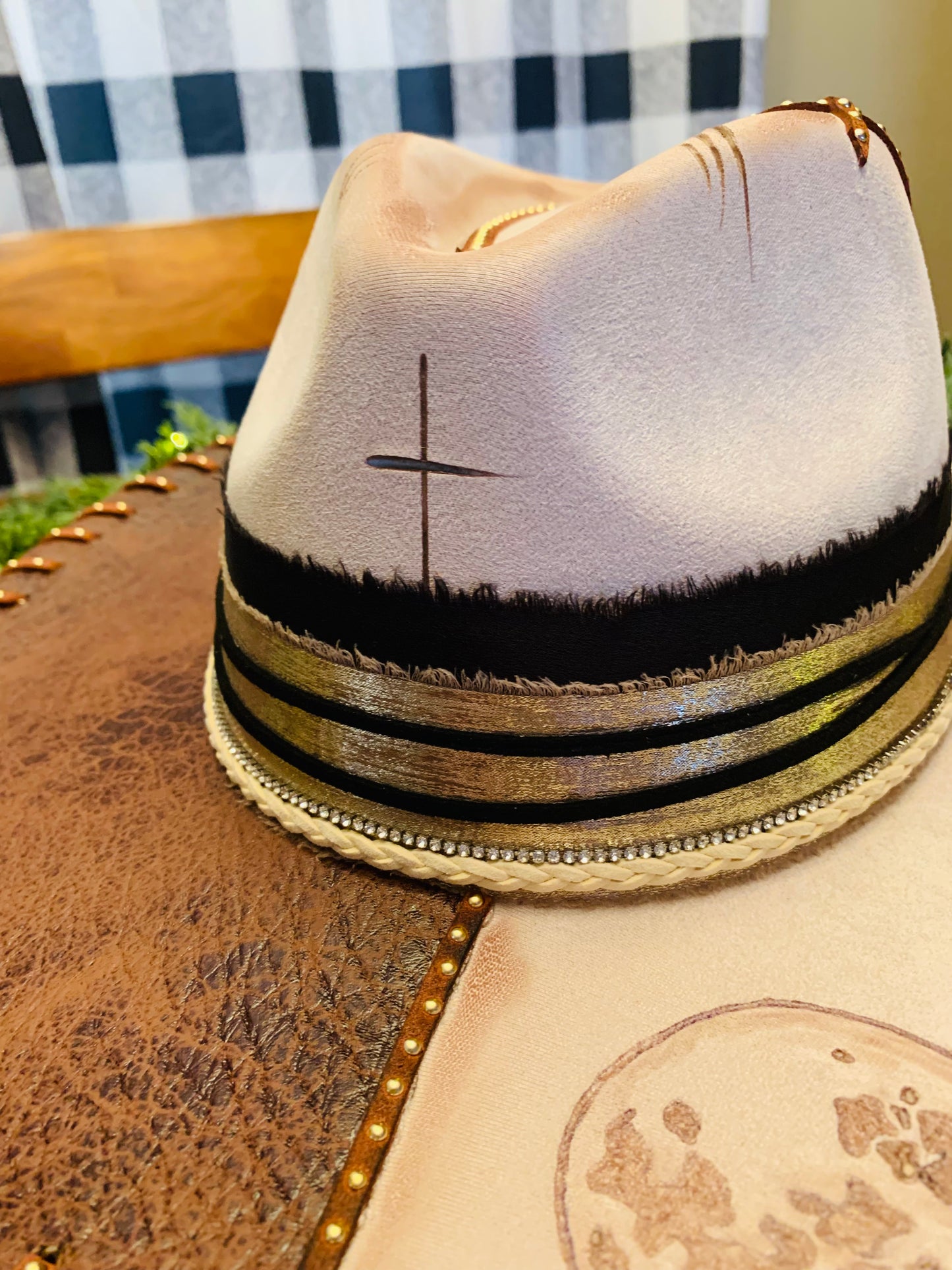 Hand Burned Rancher Hat with Wolf Howling in the Night Design